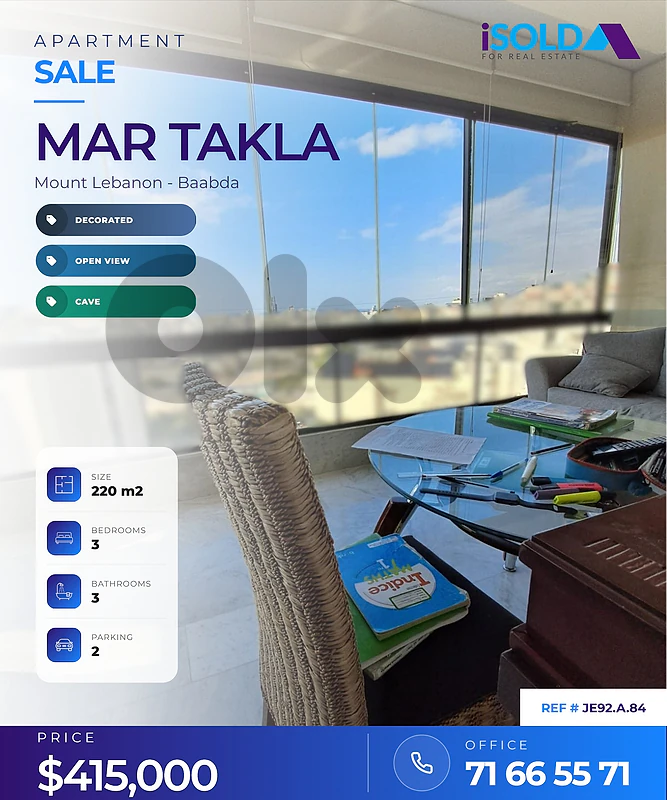A decorated 220 m2 apartment with an open view for sale in Mar Takla