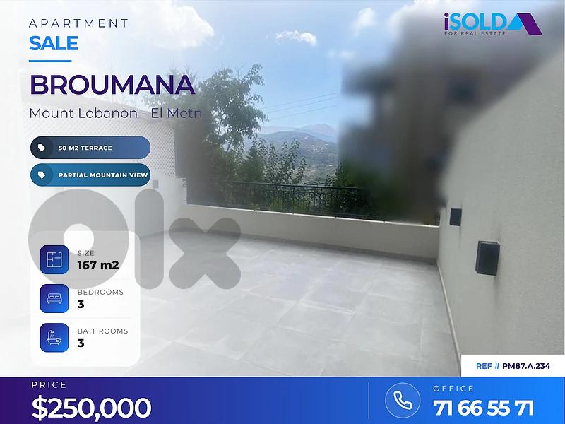 A 150 m2 apartment with a 50 m2 terrace for sale in Broumana