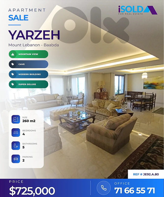 A 260 m2 super deluxe apart+ a full open mountain view 4sale in Yarzeh