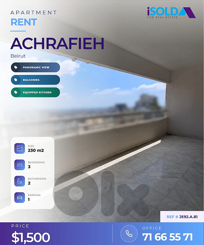 A 230 m2 apartment having a panoramic view for rent in Achrafieh