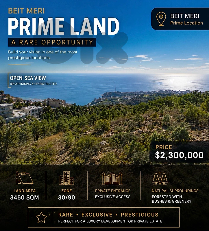 Prime Land Beit Mery |3450 SQM| Zone 30/90 |Unblockable sea View