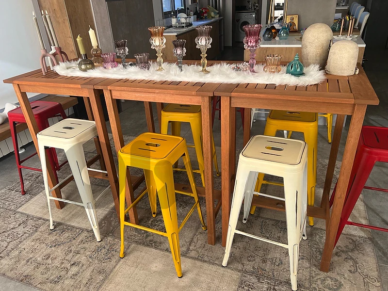 A set of 3 Joy High Tables with 12 stools - brand new.