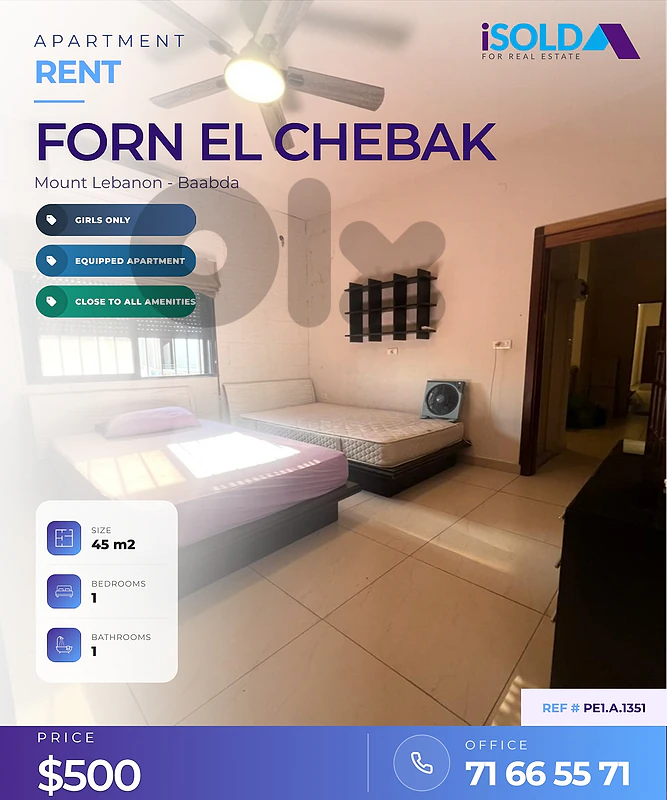 GIRLS ONLY- 40 m2 aprt/studio 4rent in Ain El Remene / Furn el chebbak