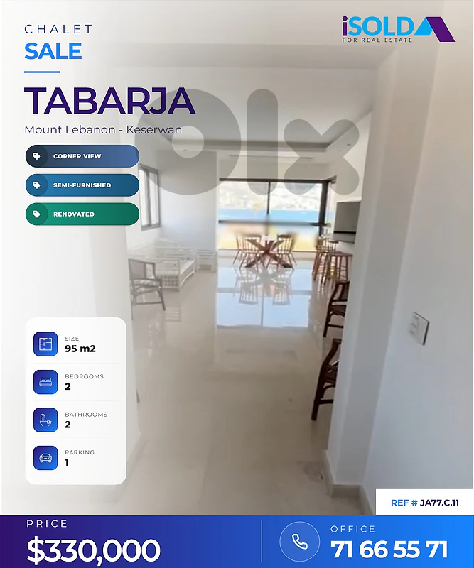 A 95 m2 renovated chalet with a corner view for sale in Tabarja