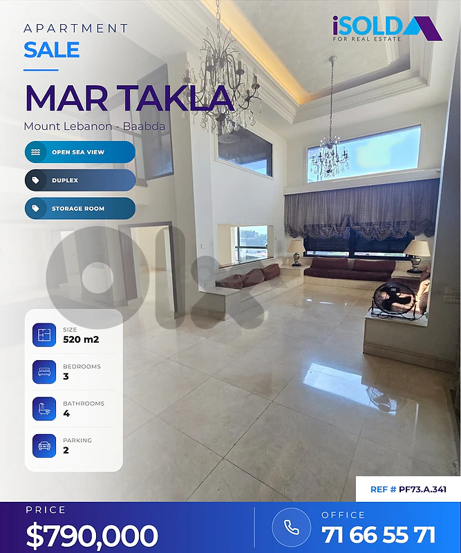 A 520 m2 duplex aprt+open sea view 4sale in Mar Takla/Hazmieh