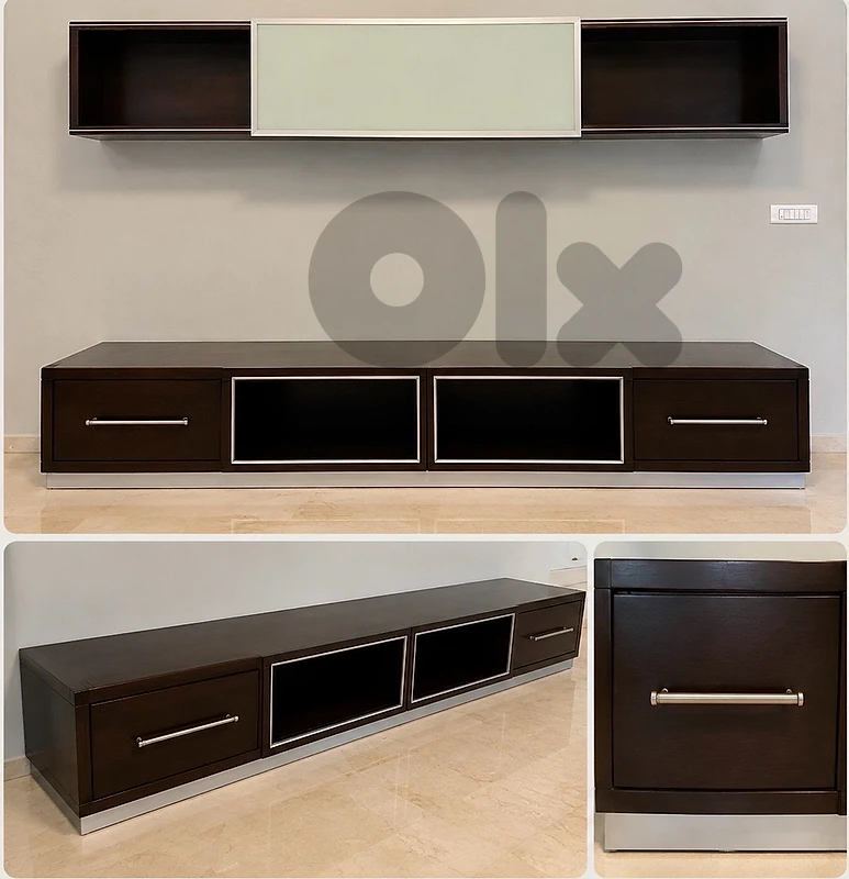 Elegant Oak TV Unit with Matching Wall Cabinet & Sliding Glass
