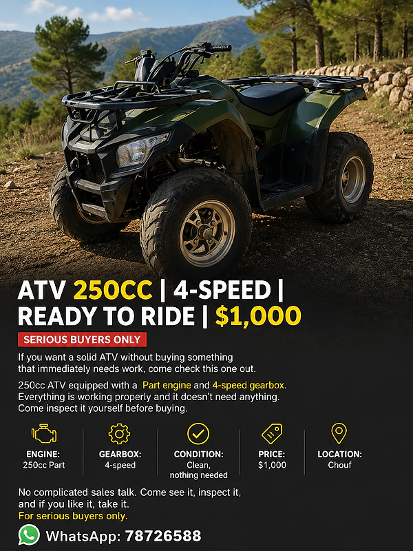 ATV 250CC | 4-SPEED | READY TO RIDE | $1,000
