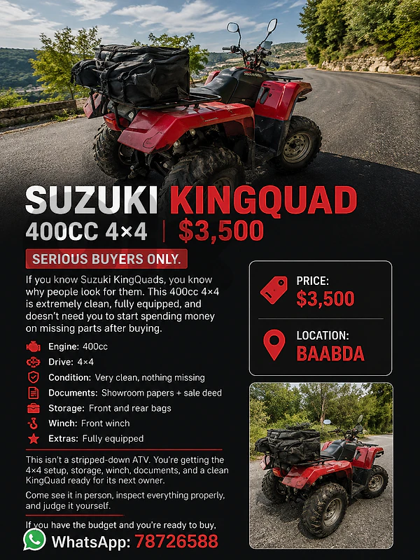 SUZUKI KINGQUAD 400CC 4×4 | $3,500