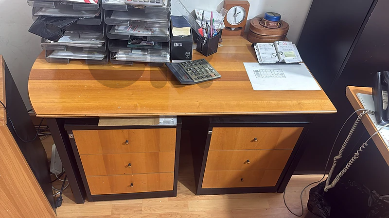 Compact Wooden Executive Desk with Dual 3-Drawer Pedestals/ shelf with