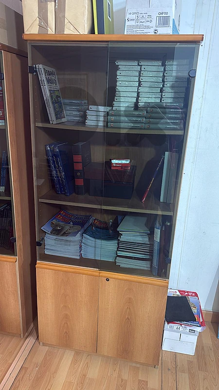 Two Tall Glass-Door Office Bookcase with Lower Storage Cabinet