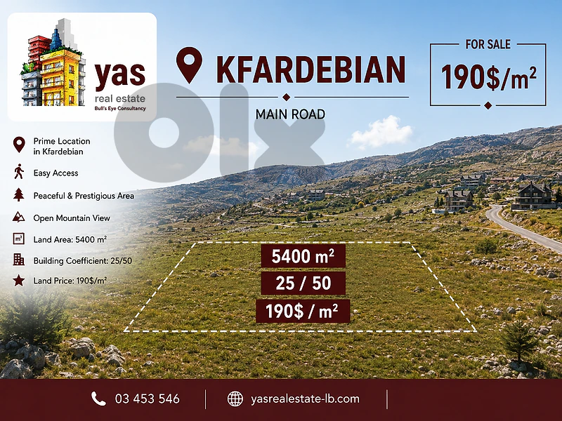 Kfardebian 5400m2 | 25 / 50 | Super Prime Location | Open View | HN |
