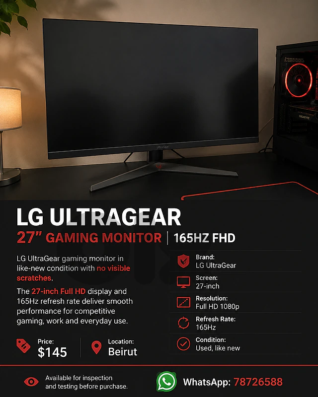 LG UltraGear gaming monitor in like-new condition with no visible scra
