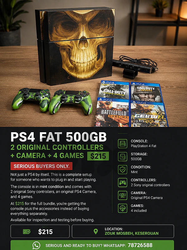 PS4 FAT 500GB | 2 ORIGINAL CONTROLLERS + CAMERA + 4 GAMES | $215