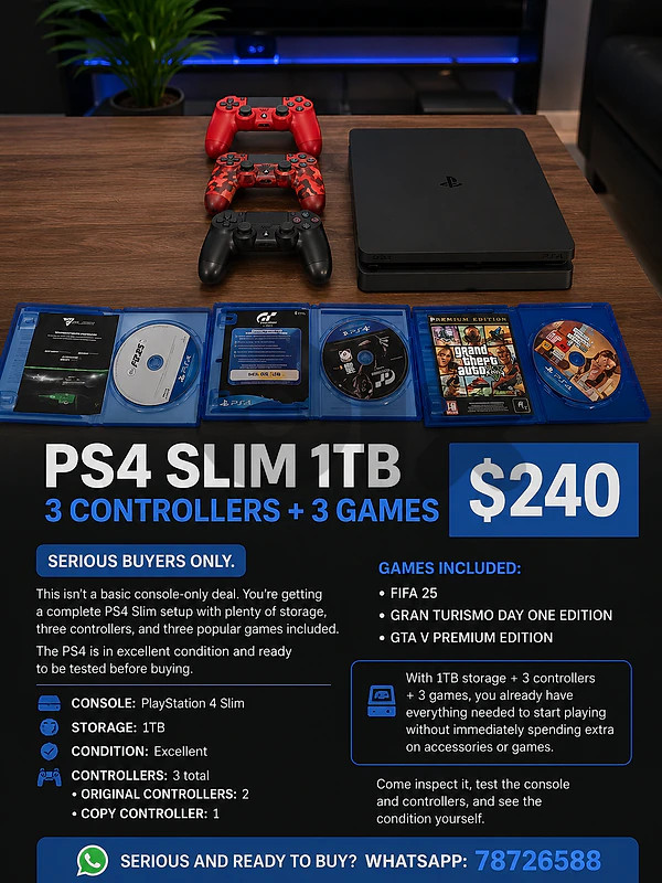 PS4 SLIM 1TB | 3 CONTROLLERS + 3 GAMES | $240