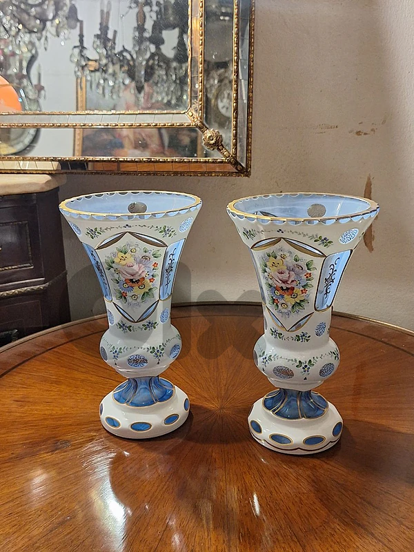 pair of original bohemian antique opaline vases