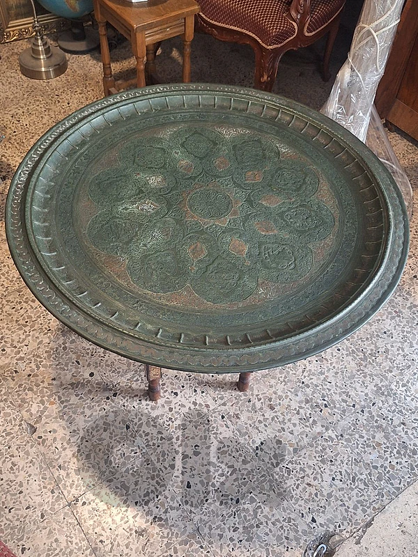 large antique persian tray plate with mother of pearl inlaid stand