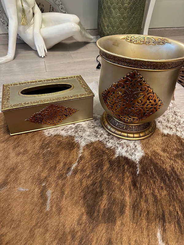 gold antique wooden tissu box and garbage can
