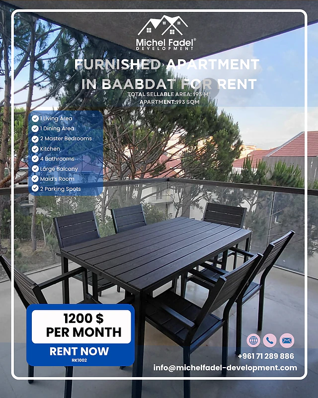 RK1002-Furnished Luxury Apartment in Metn-Baabdat For Rent
