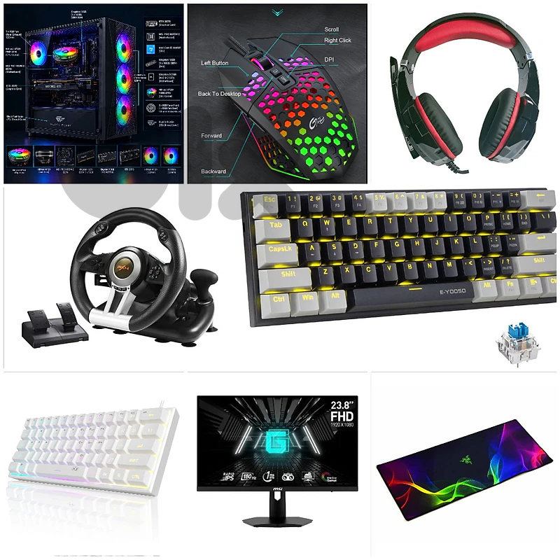 Pc,momitor,kbm,mouspad,headset and steering wheel