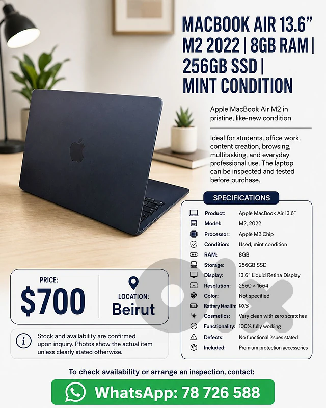 MACBOOK AIR 13.6” M2 2022 | 8GB RAM | 256GB SSD | MINT CONDITION