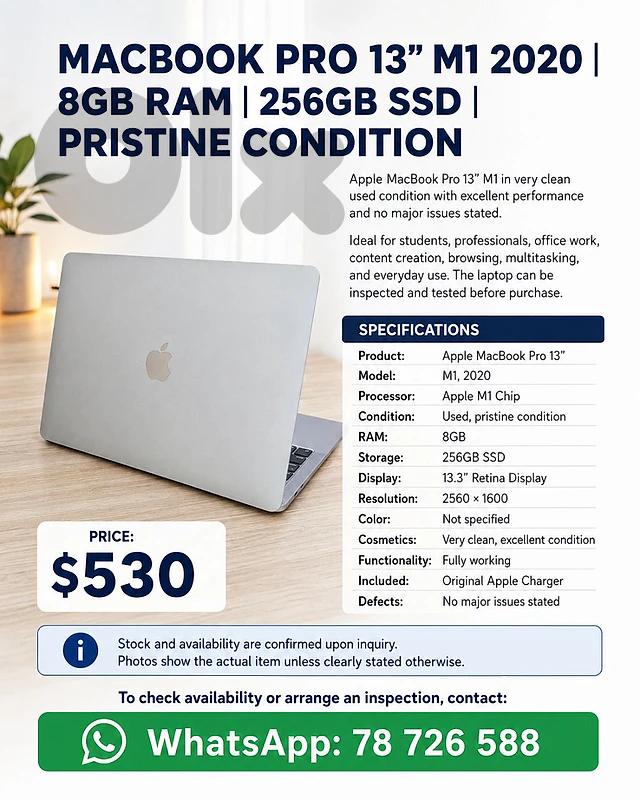 MACBOOK PRO 13” M1 2020 | 8GB RAM | 256GB SSD | PRISTINE CONDITION