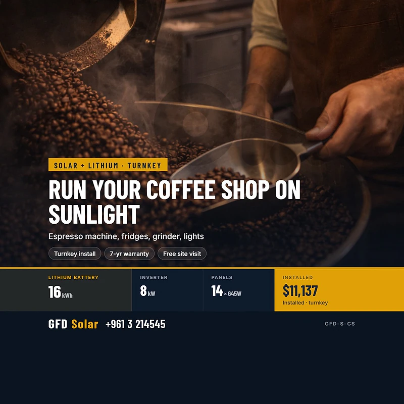 RUN YOUR COFFEE SHOP ON SUNLIGHT — SOLAR + LITHIUM, INSTALLED