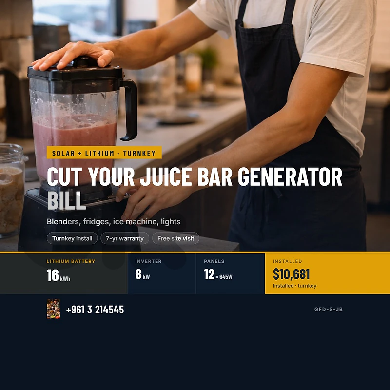 CUT YOUR JUICE BAR GENERATOR BILL — SOLAR + LITHIUM, INSTALLED