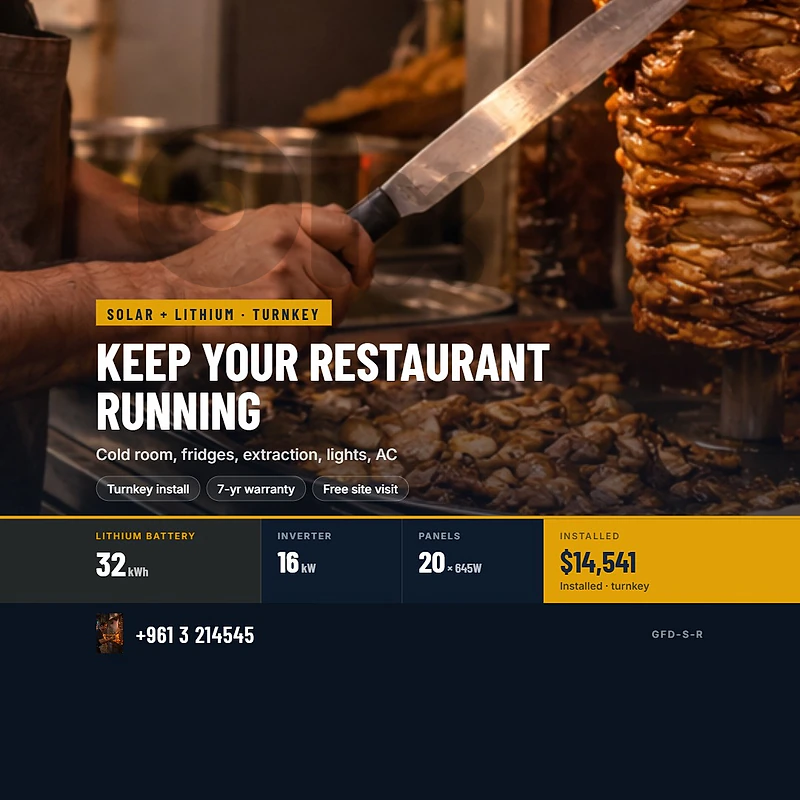 KEEP YOUR RESTAURANT RUNNING — SOLAR + LITHIUM, INSTALLED