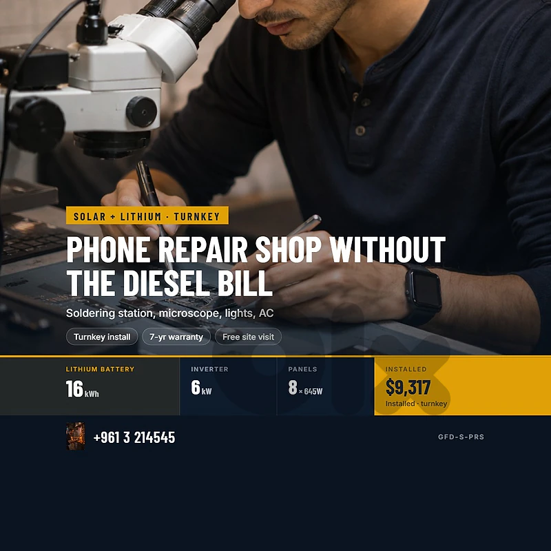 PHONE REPAIR SHOP WITHOUT THE DIESEL BILL — SOLAR + LITHIUM, INSTALLED