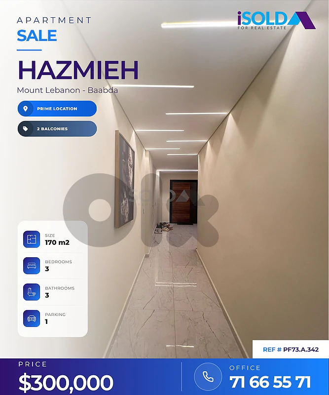 A Prime Location 170 m2 apartment for sale in Hazmieh