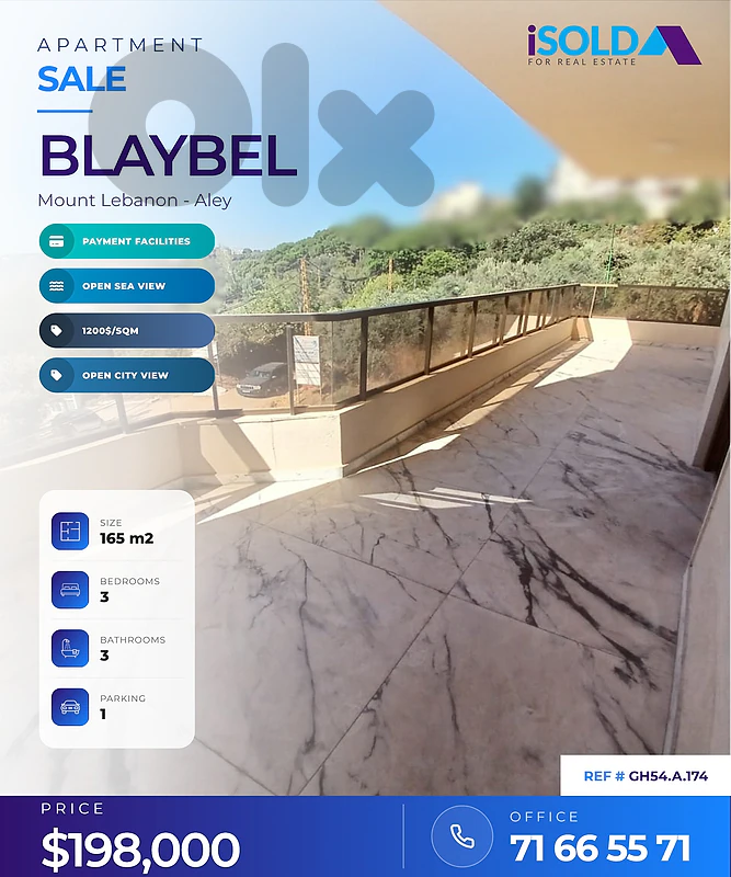 A 165 m2 apartment having an open sea and city view 4sale in Blaybel