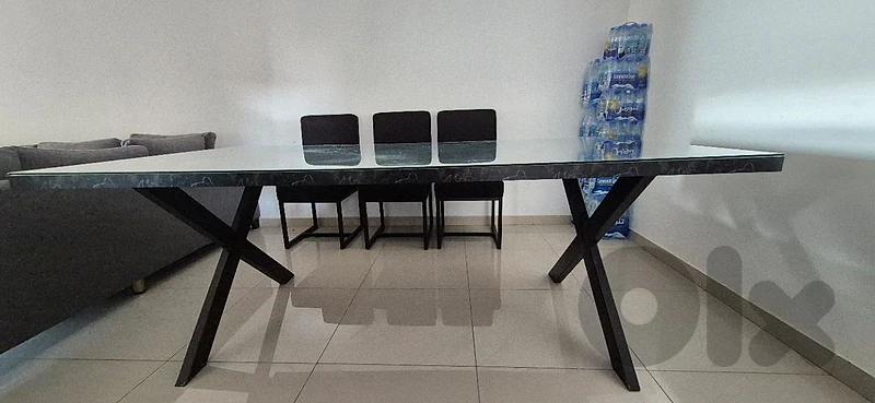Dining tble with 8 chairs wood black marble design