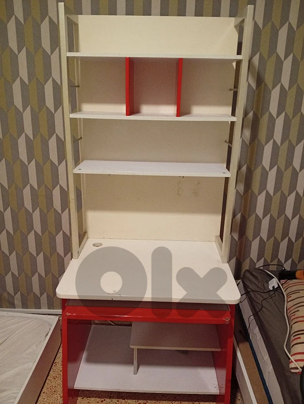 White and Red Student Desk with Storage Shelves