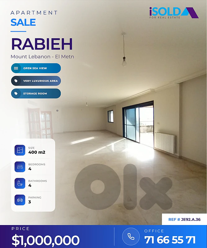 A 400 m2 apartment having an open sea view for sale in Biyada/Rabieh
