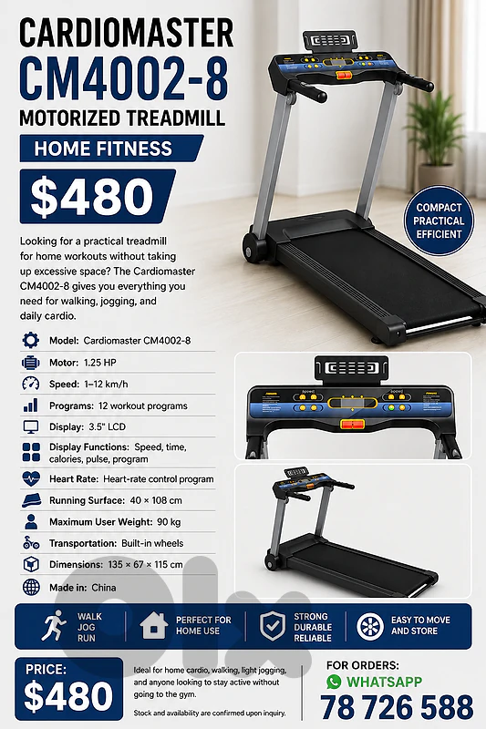 CARDIOMASTER CM4002-8 MOTORIZED TREADMILL | HOME FITNESS | $480