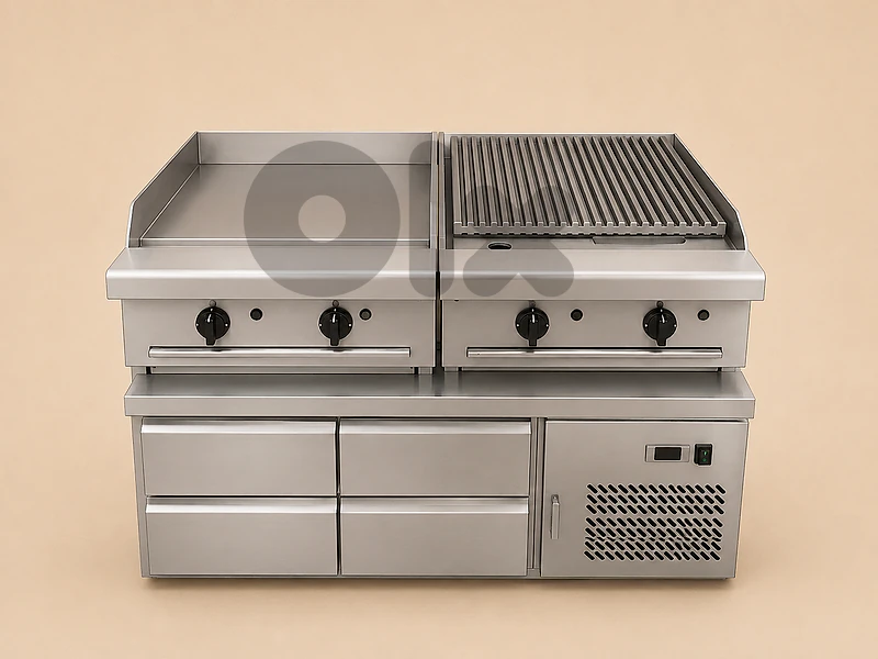 SS commercial griddle + charbroiler on Low Bay refrigerated base