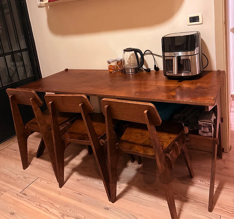 wooden room divider/wooden bookshelf/table with 3 chairs