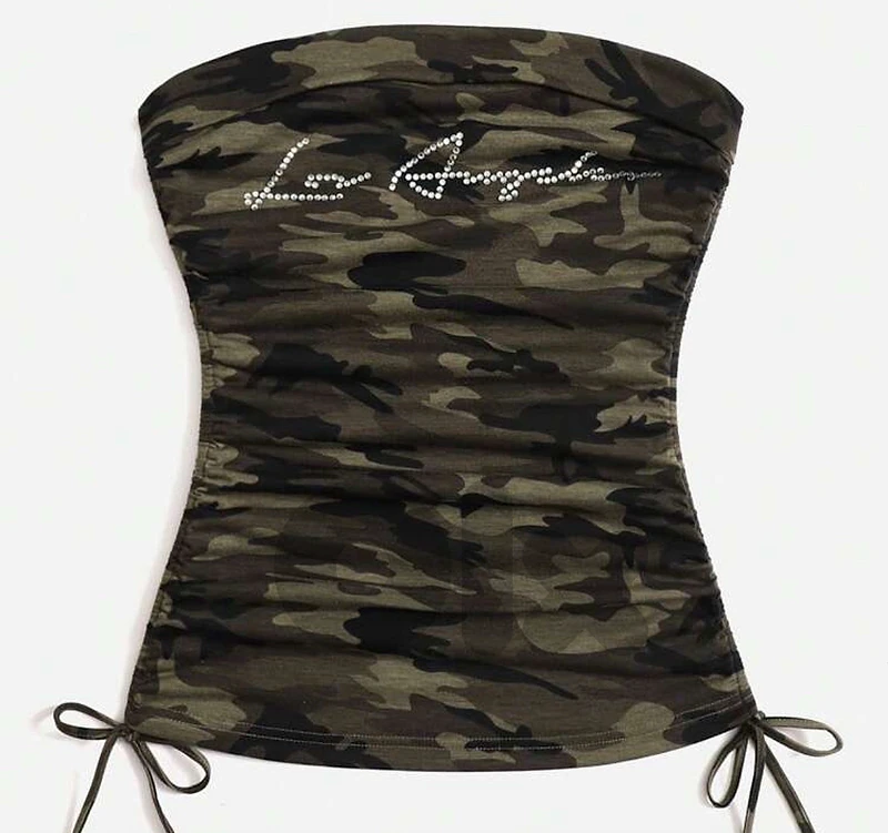 Camouflage Strapless Corset Top with Rhinestones – Y2K