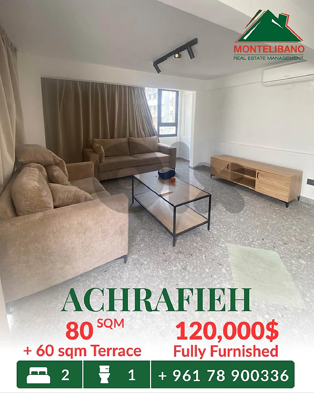 80 sqm Apartment For Sale in Achrafieh أشرفية with 60 sqm Terrace 80 sqm Apartment For Sale in Achrafieh أشرفية with 60 sqm Terrace