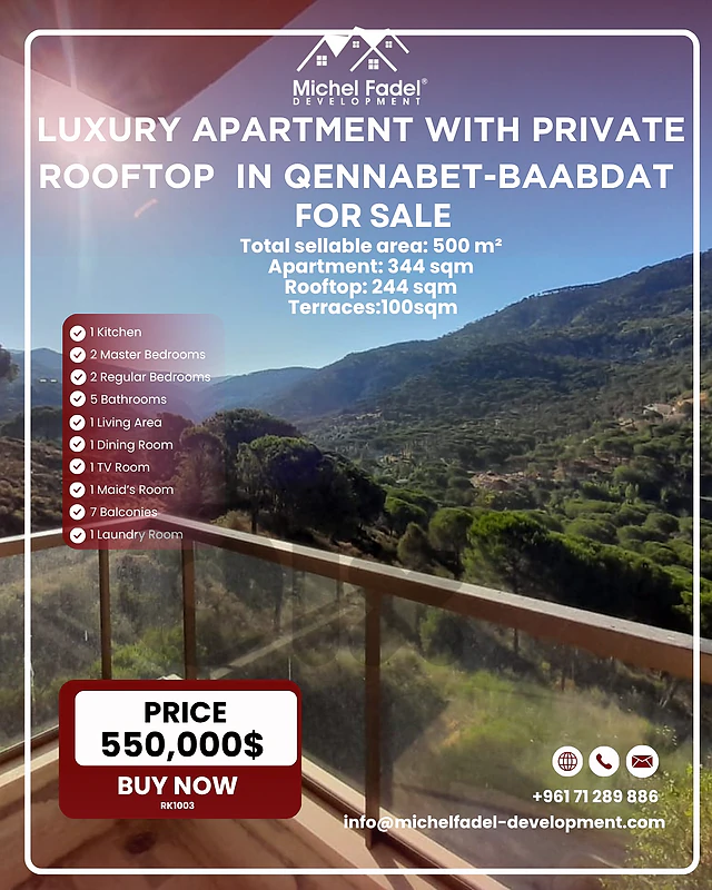 RK1003-Luxury Aprt with Private Rooftop for Sale in Qennabet Baabdat