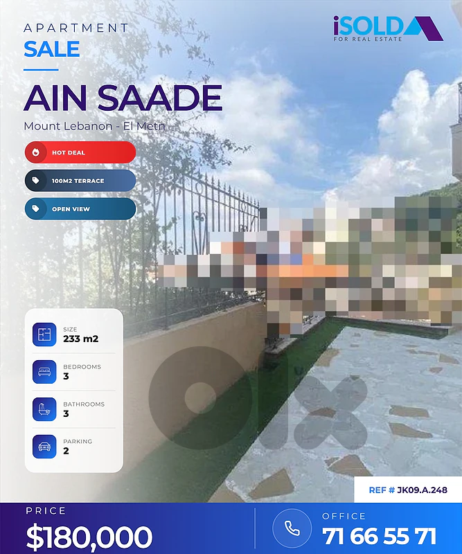 772$ / m2, Ain Saade, 200m2 flat +100m2 Terrace/garden+view+2 parking
