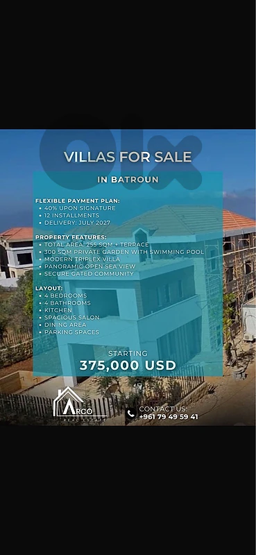 Exculisve Villas For Sale in Batroun with Payment Facilities