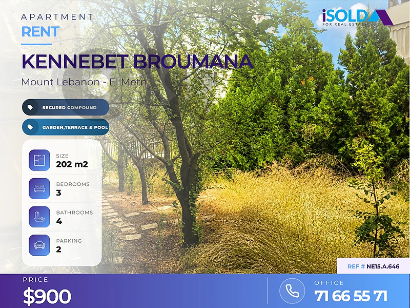 A 202 m2 aprt +garden+terrace+pool access 4rent in Kennebet Broumana