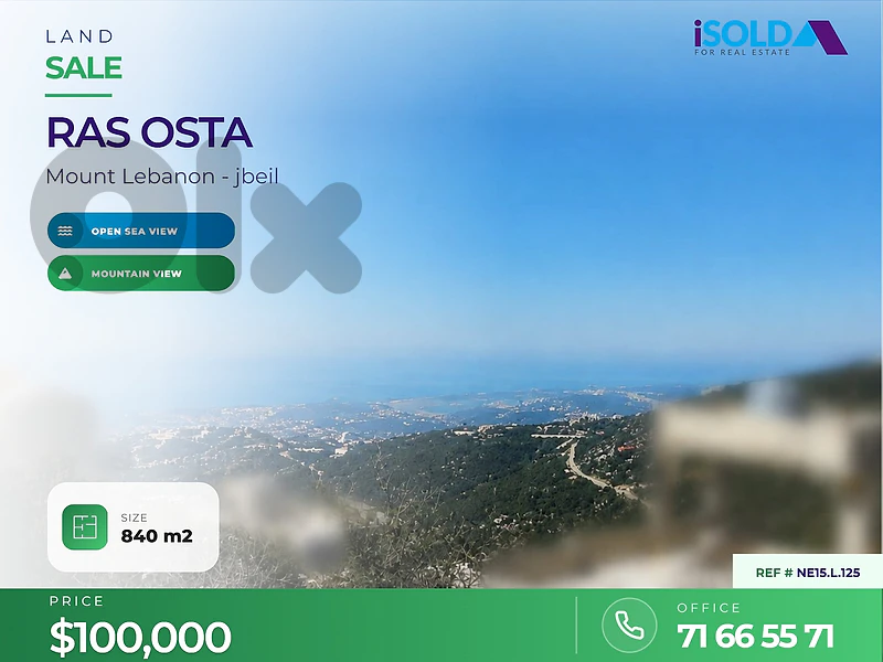 A 840 m2 land having an open mountain/sea view for sale in Ras osta