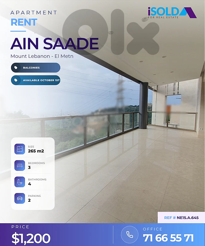 A 265 m2 apartment for rent in Ain Saade/ Ain Najem