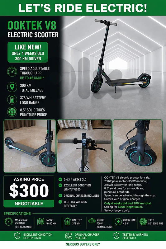 OOKTEK V8 Electric Scooter – Like New – Up to 45 km/h