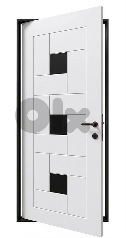Modern White Geometric Door with Black Accent Blocks