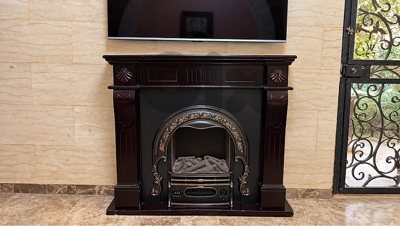 Vintage Wooden Fireplace Surround with Ornate Insert – Used Condition