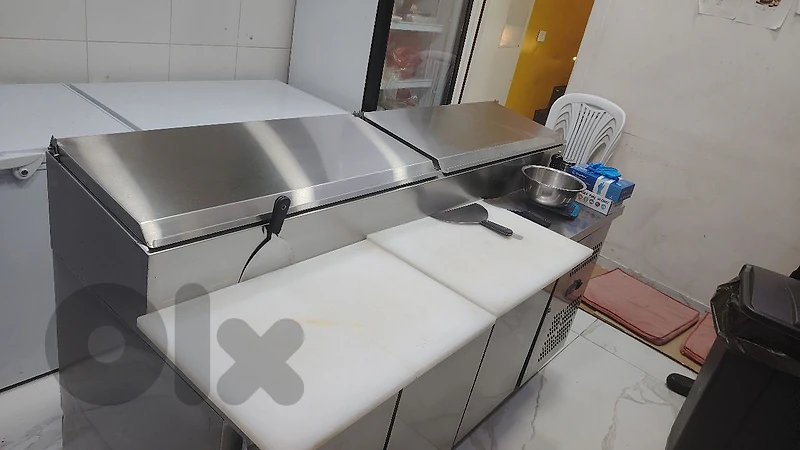 2 freezers, 3 refrigerators, table refrigerator