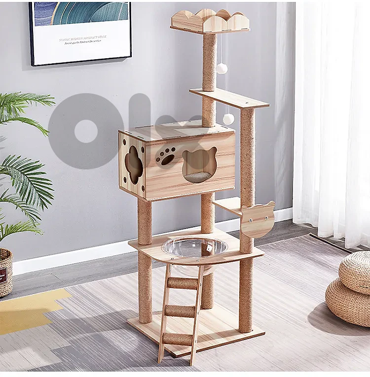 Tall Wooden Cat Tree Tower with Clear Acrylic Capsule Bed